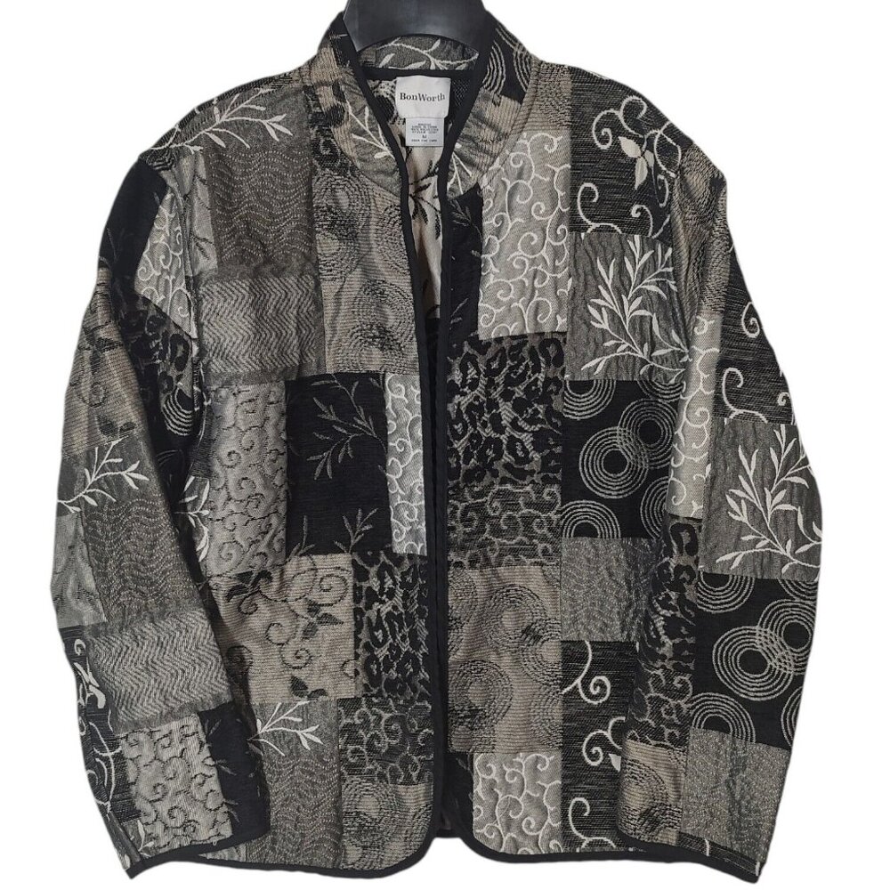 BonWorth Women's Jacket Size Medium Black Woven Tapestry Blazer Unlined